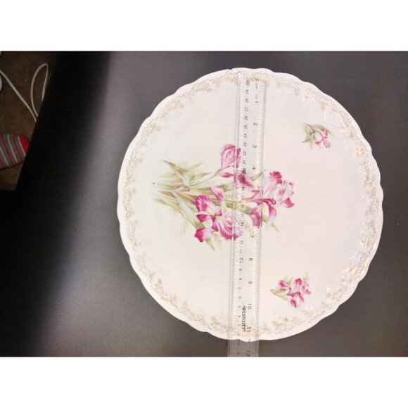 Antique Weimar Floral Porcelain Plate Germany Pink Irises Gold Scalloped 12 Inc - Picture 7 of 9